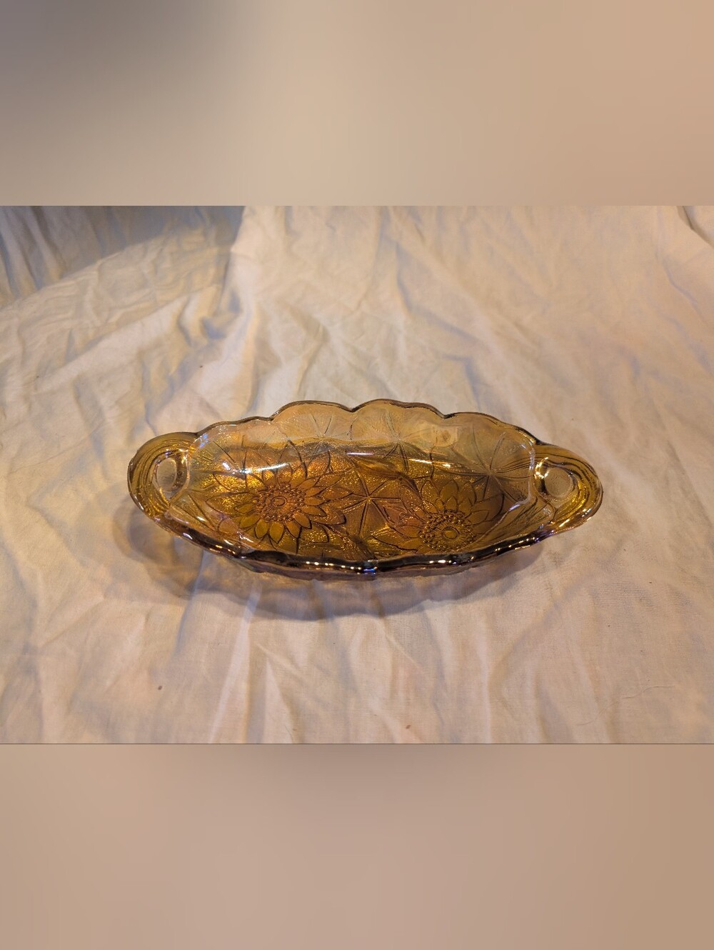 RESERVE Indiana Glass Amber Carnival Floral Handled Serving Tray